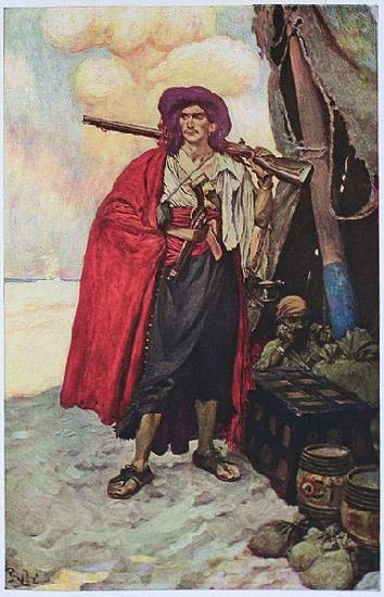 Howard Pyle The Buccaneer was a Picturesque Fellow: illustration of a pirate, dressed to the nines in piracy attire. Norge oil painting art